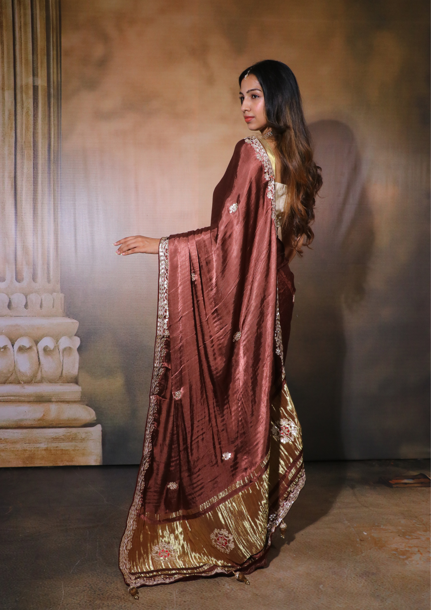 Modal Gajji Silk Gota Patti Saree-Nude Brown