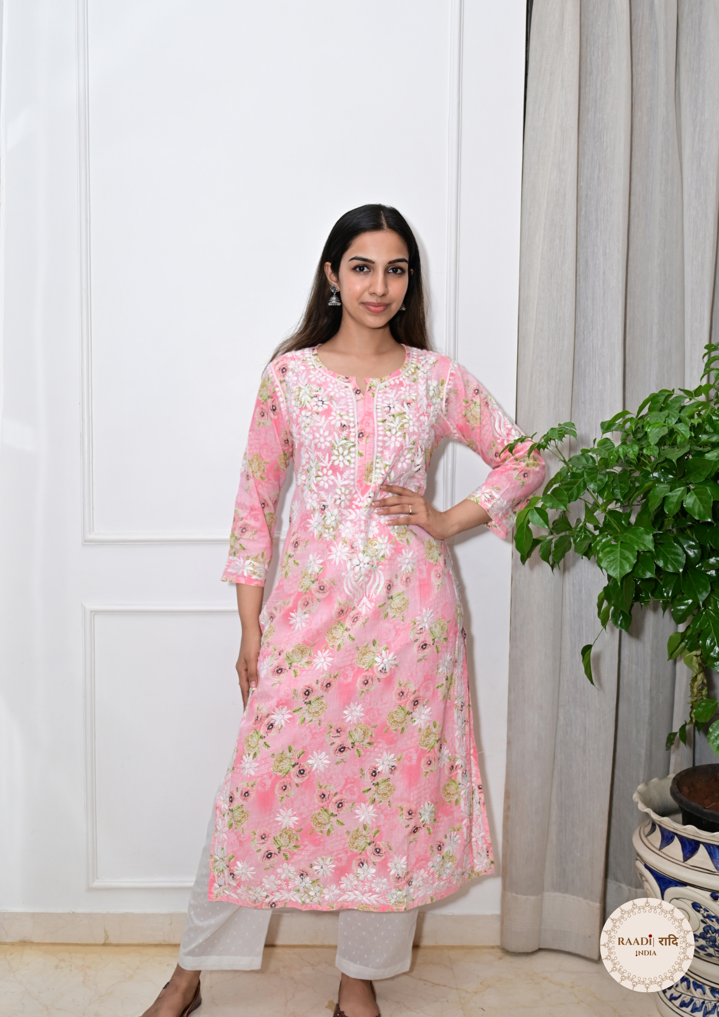 Printed Cotton Chikankari Kurti from Lucknow-Peach