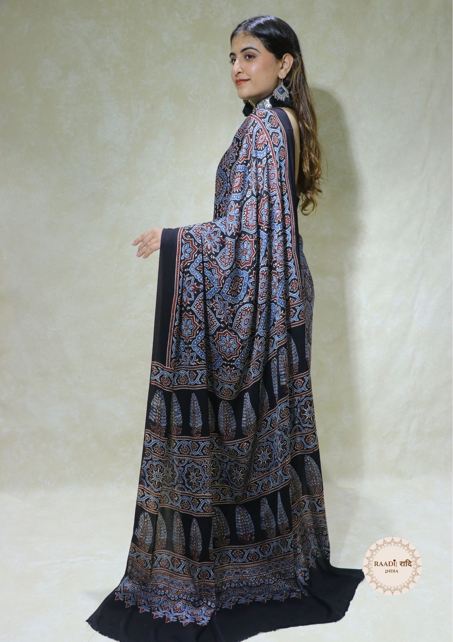 Ajrakh Modal Silk Saree from Kutch – Handcrafted with Natural Dyes