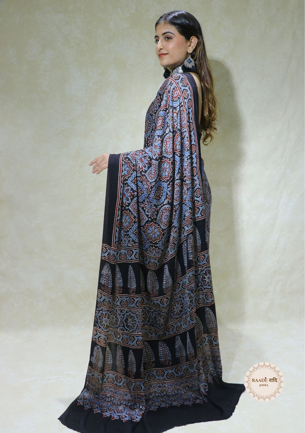 Ajrakh Modal Silk Saree from Kutch – Handcrafted with Natural Dyes