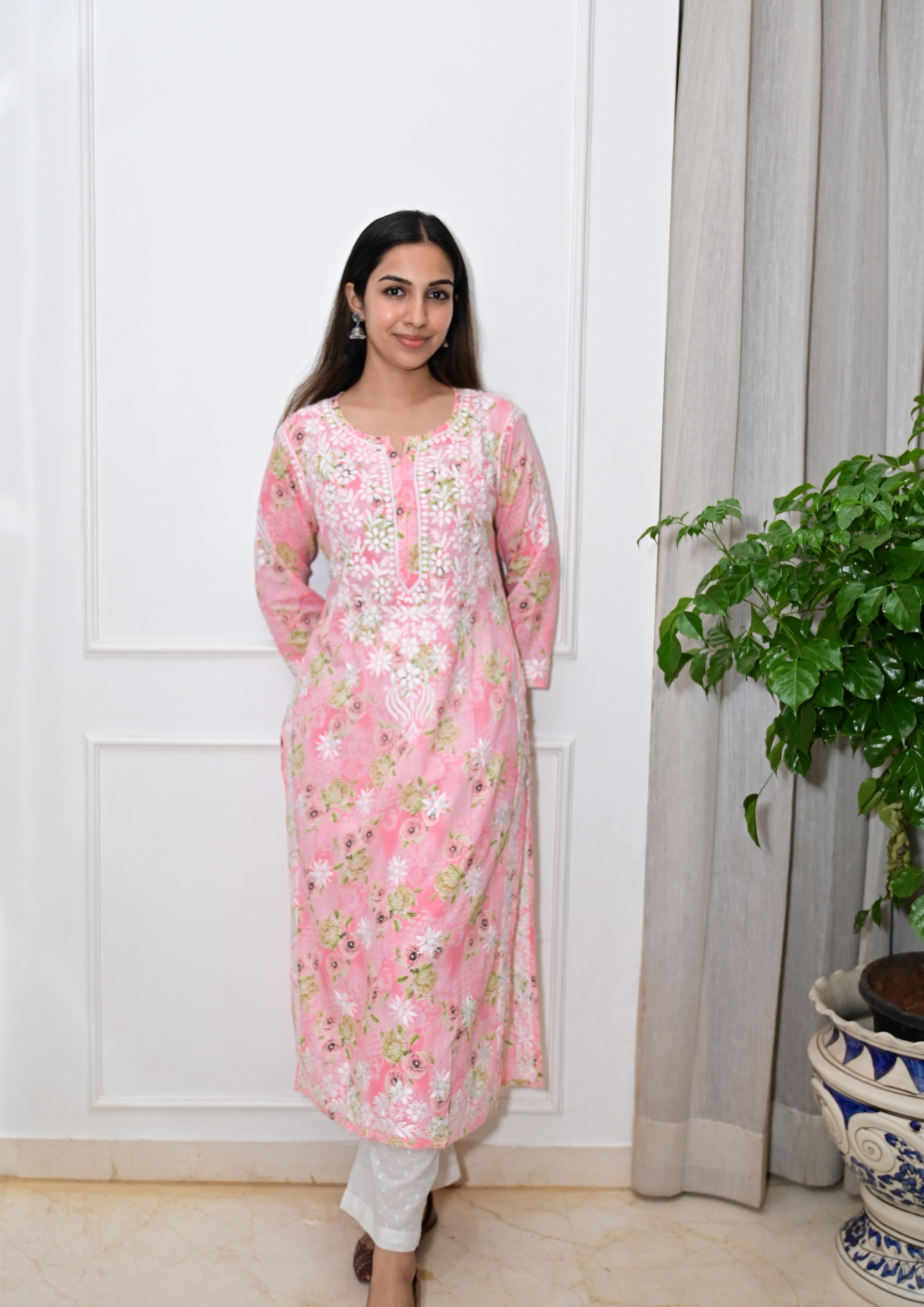 Printed Cotton Chikankari Kurti from Lucknow-Peach