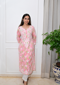 Printed Cotton Chikankari Kurti from Lucknow-Peach