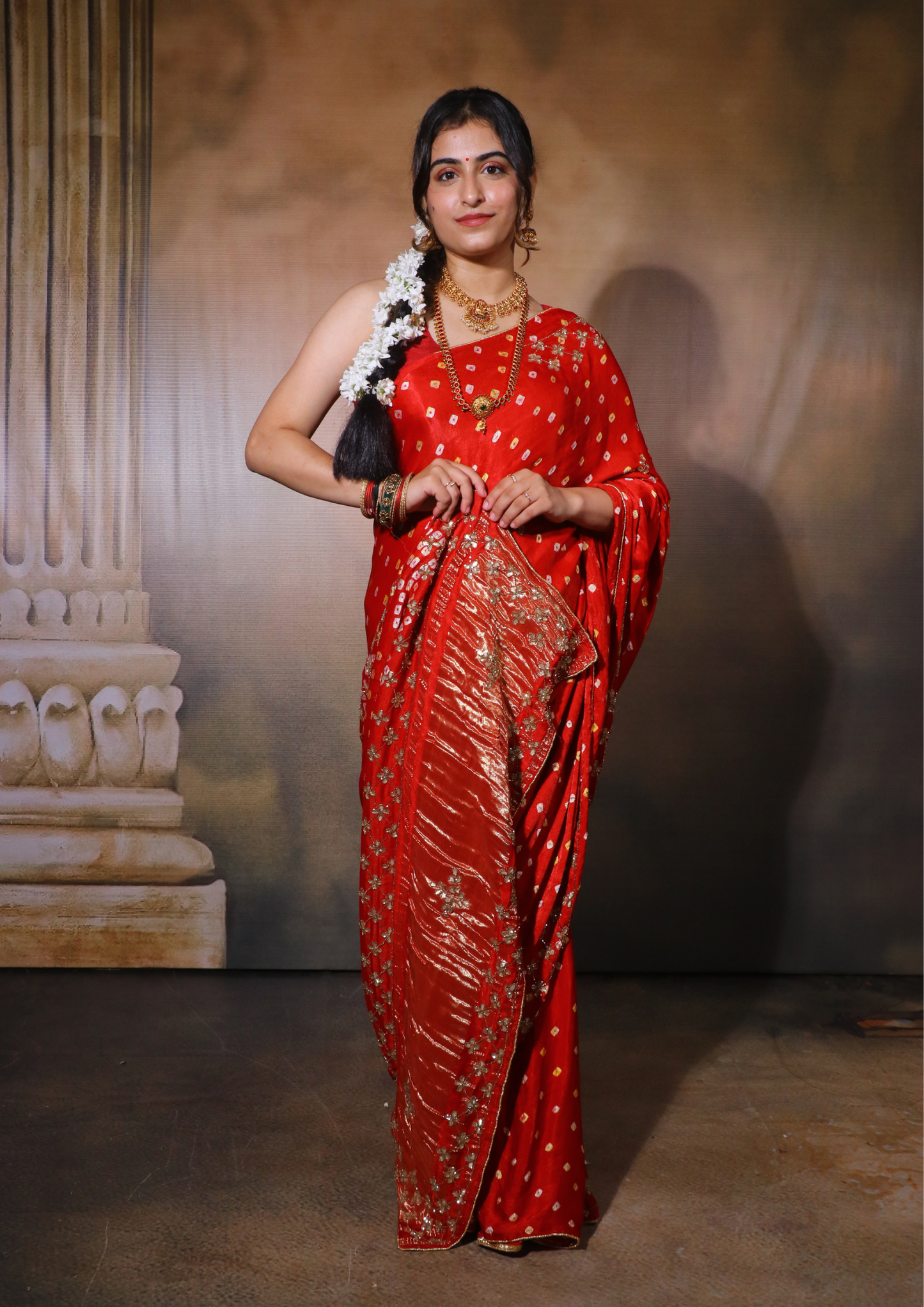 Modal Gajji Bandhani Saree-Red