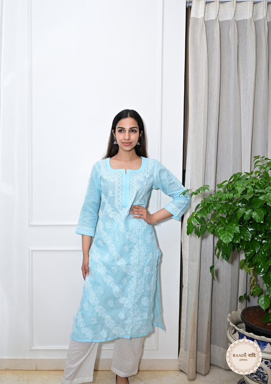 Cotton Chikankari Kurti with Intricate Embroidery-Blue