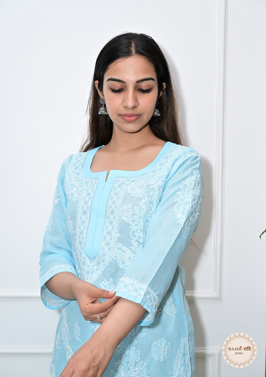 Cotton Chikankari Kurti with Intricate Embroidery- Blue