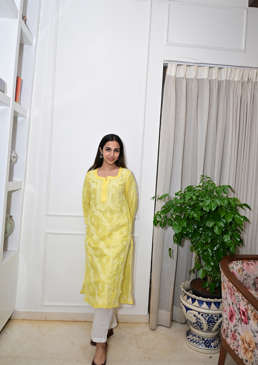 Cotton Chikankari Kurti with Intricate Embroidery-Yellow