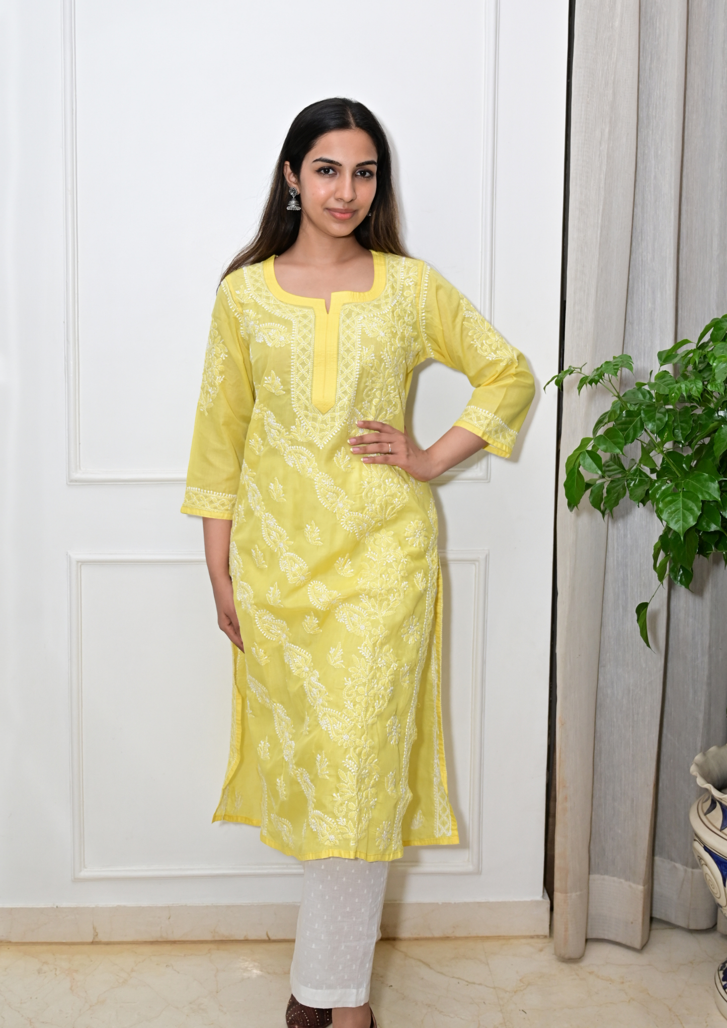Cotton Chikankari Kurti with Intricate Embroidery-Yellow