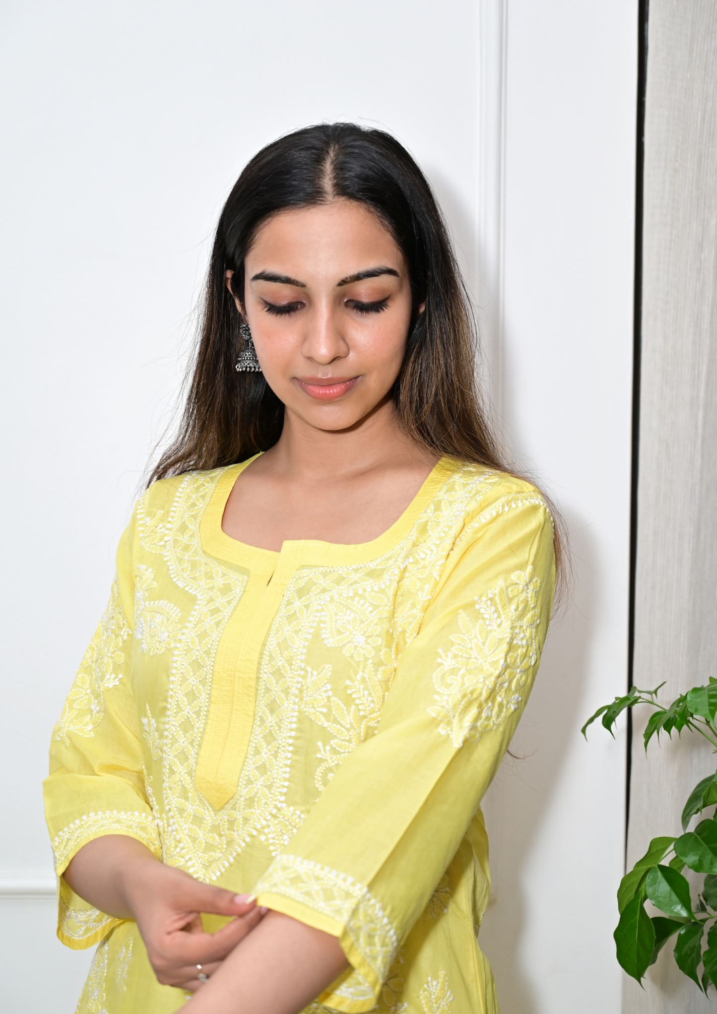 Cotton Chikankari Kurti with Intricate Embroidery-Yellow