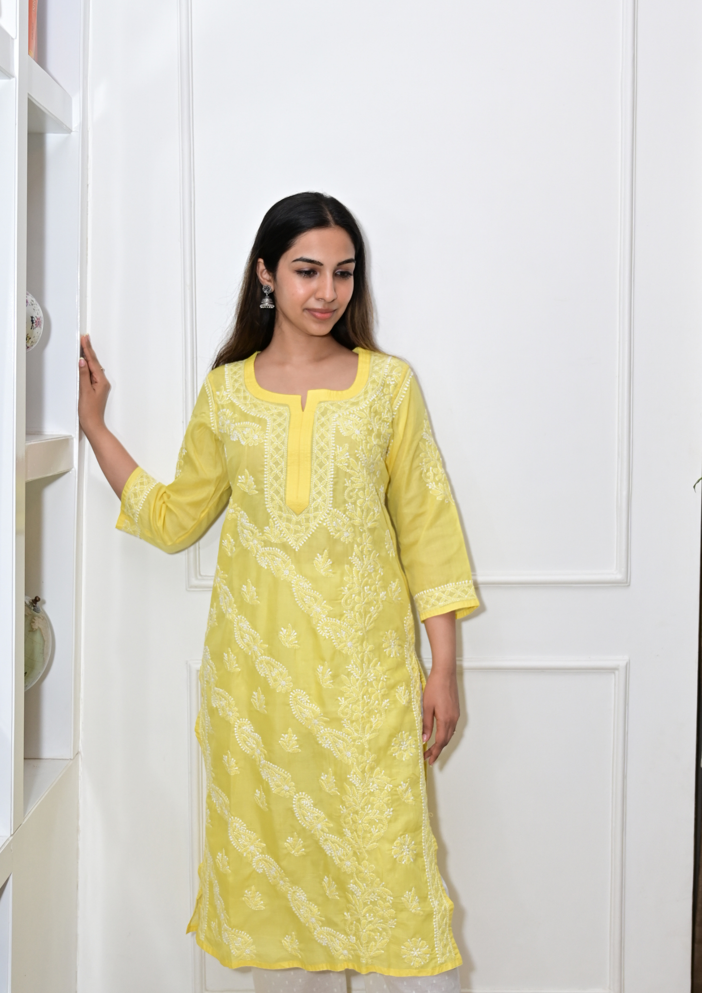 Cotton Chikankari Kurti with Intricate Embroidery-Yellow