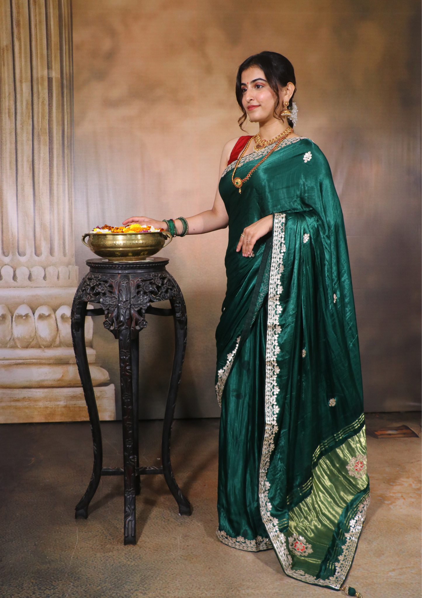 Modal Gajji Silk Gota Patti Saree-Green