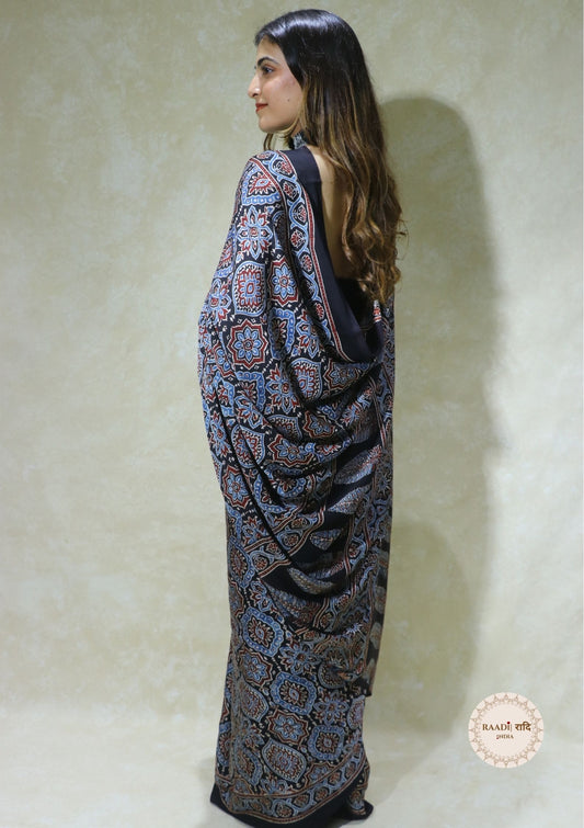 Ajrakh Modal Silk Saree from Kutch – Handcrafted with Natural Dyes