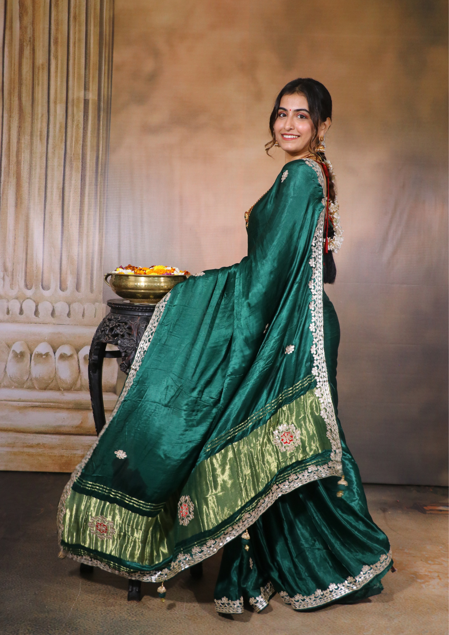 Modal Gajji Silk Gota Patti Saree-Green