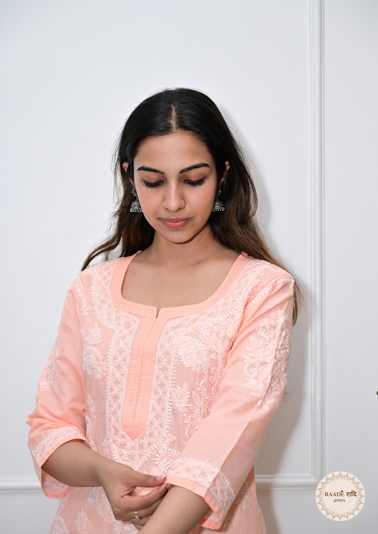 Cotton Chikankari Kurti with Intricate Embroidery-Peach