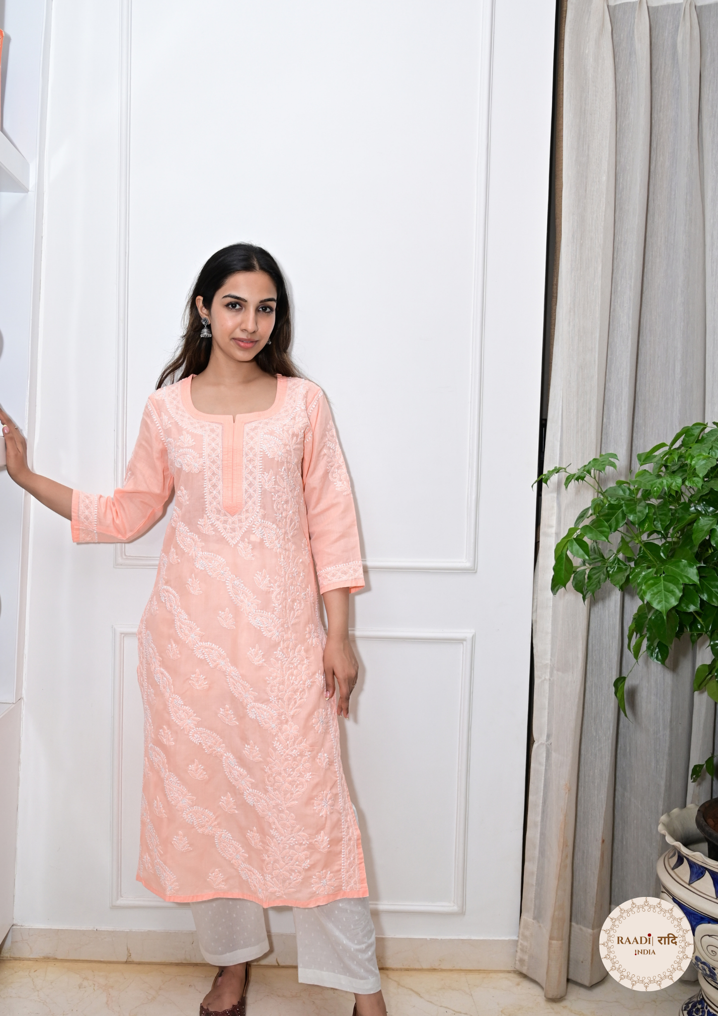 Cotton Chikankari Kurti with Intricate Embroidery-Peach