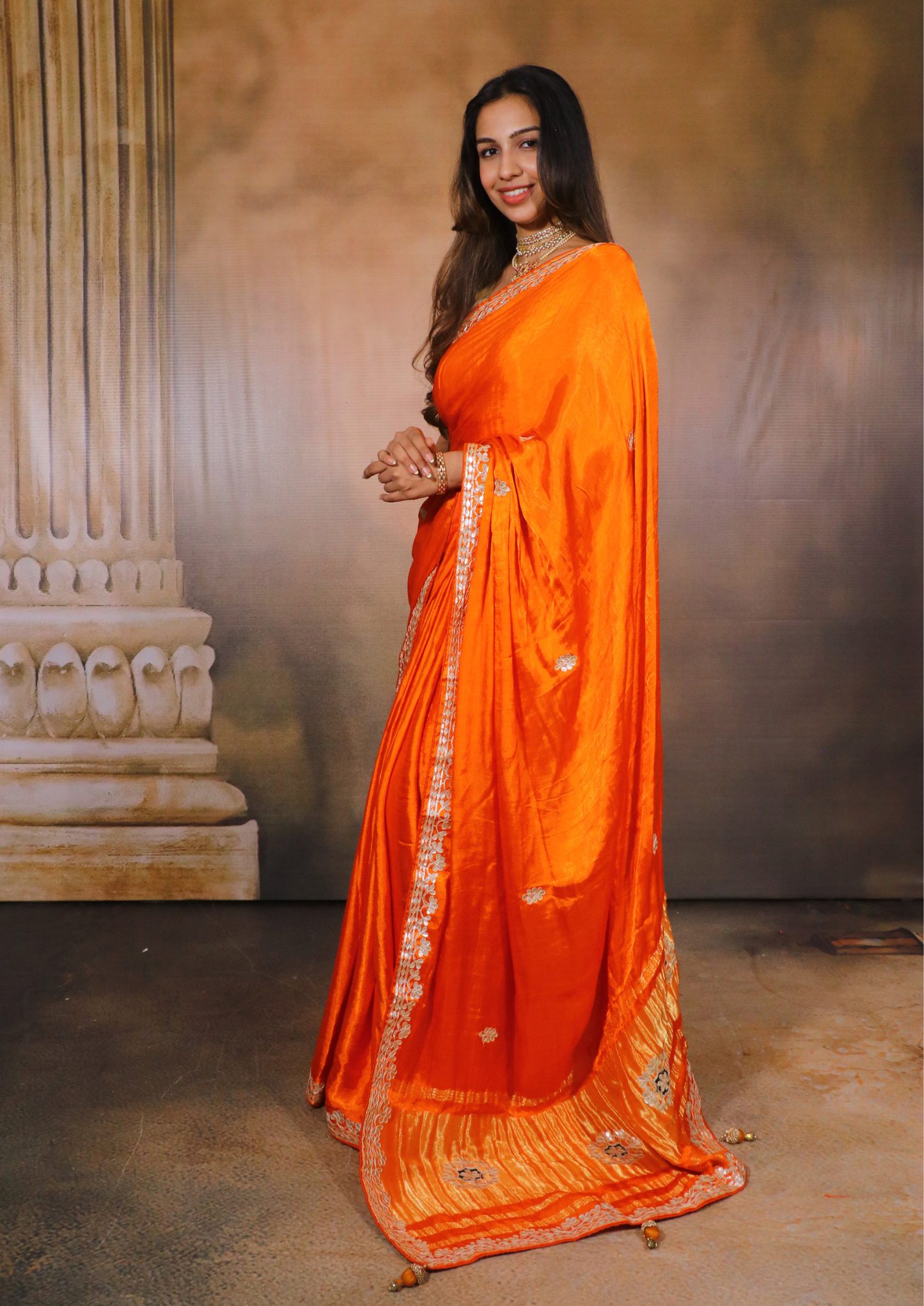 Modal Gajji Silk Gota Patti Saree- Orange
