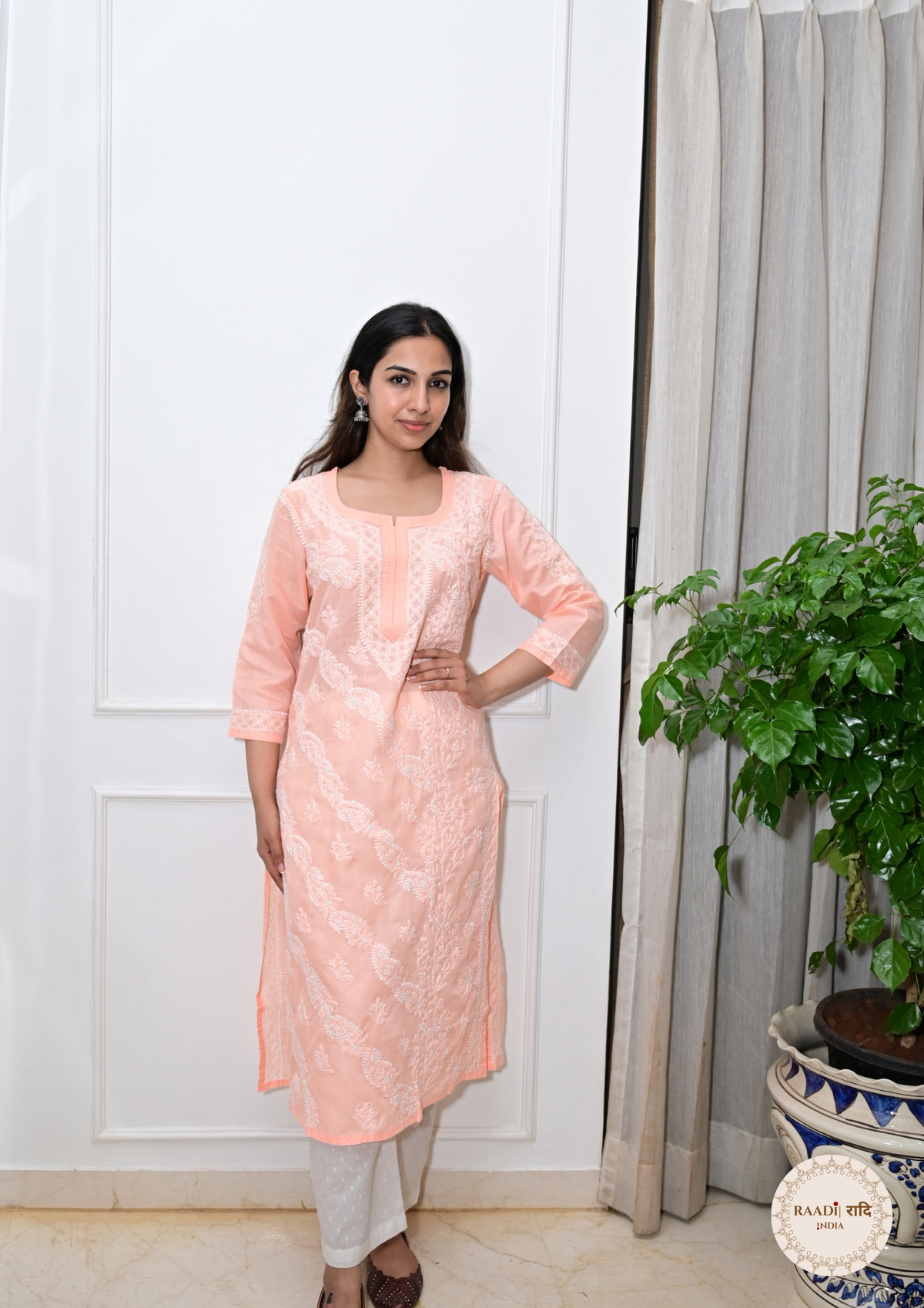 Cotton Chikankari Kurti with Intricate Embroidery-Peach
