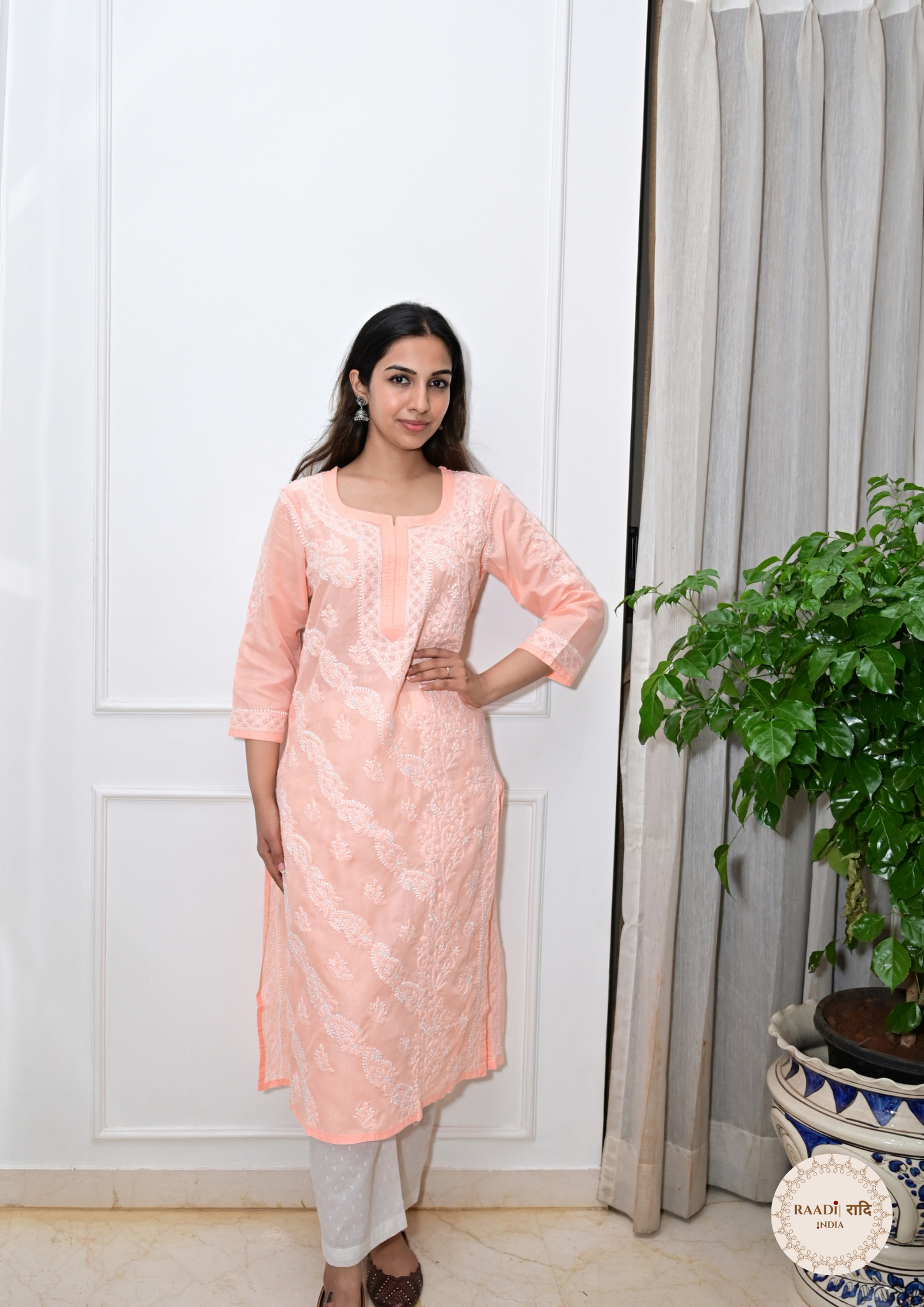 Cotton Chikankari Kurti with Intricate Embroidery-Peach