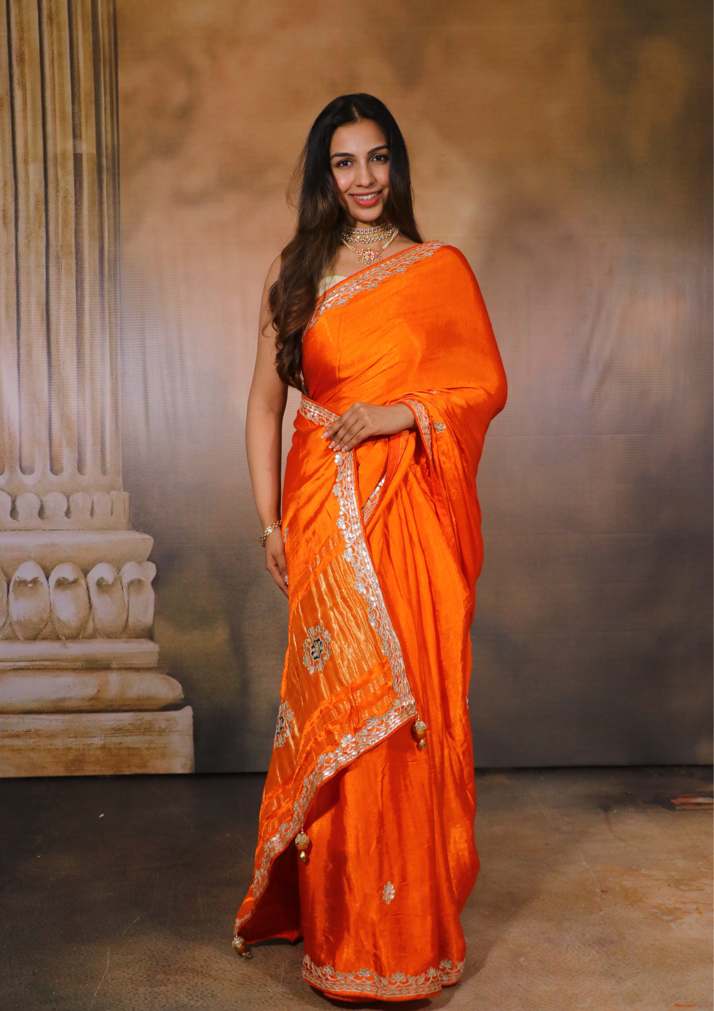 Modal Gajji Silk Gota Patti Saree- Orange