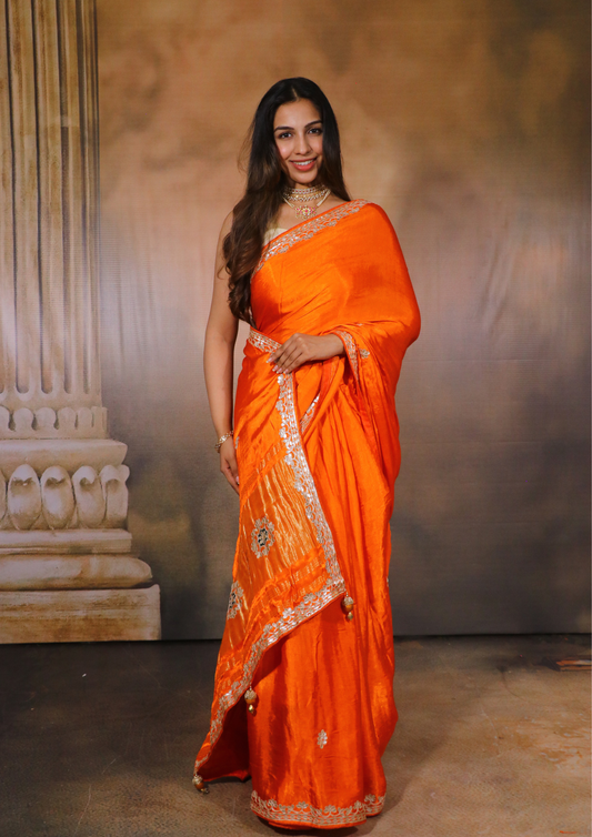 Modal Gajji Silk Gota Patti Saree- Orange
