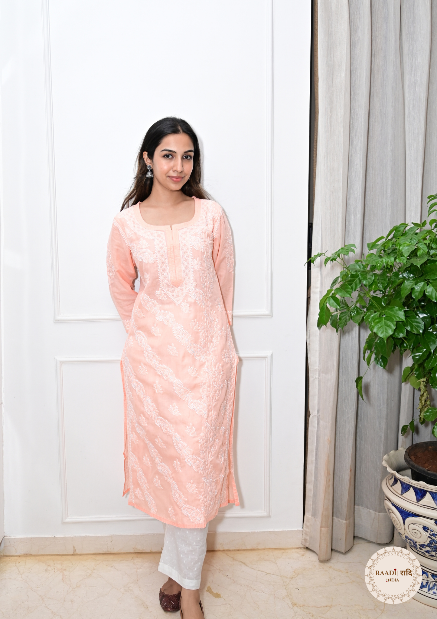 Cotton Chikankari Kurti with Intricate Embroidery-Peach
