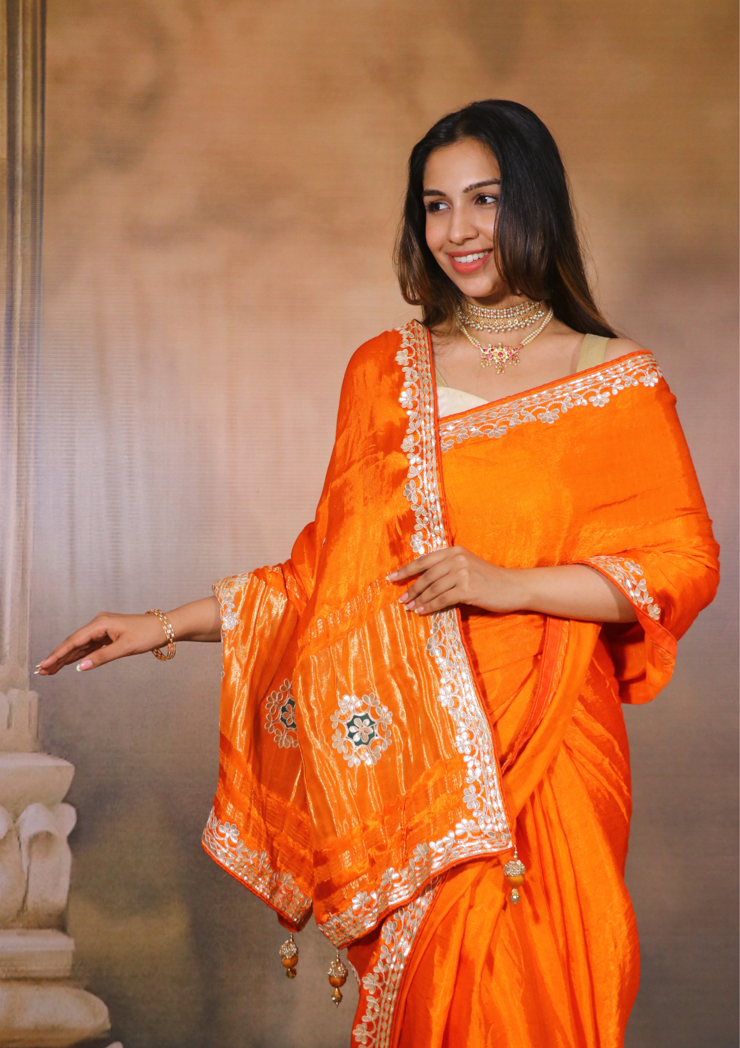 Modal Gajji Silk Gota Patti Saree- Orange