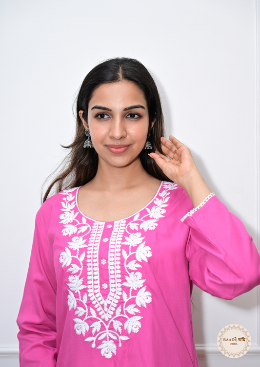 Rayon Chikankari Kurti from Lucknow- Pink