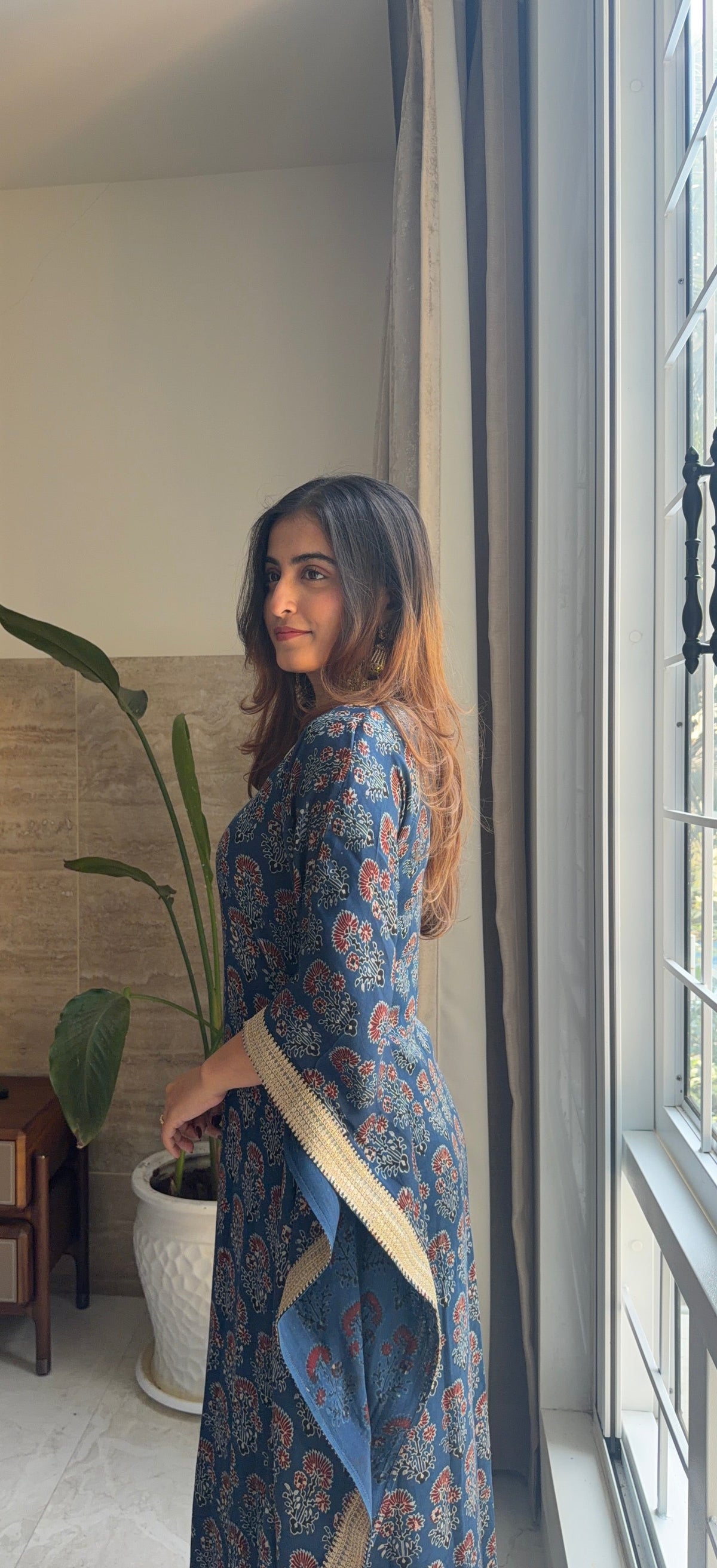 Handcrafted Indigo Ajrakh Kaftan with Gota Patti Detailing