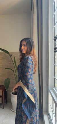 Handcrafted Indigo Ajrakh Kaftan with Gota Patti Detailing