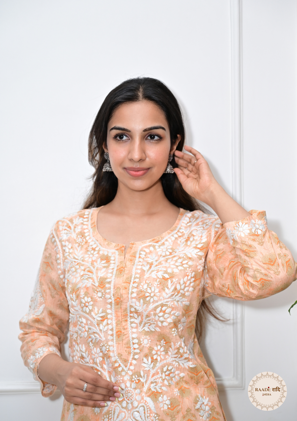 Printed Cotton Chikankari Kurti from Lucknow-Apricot