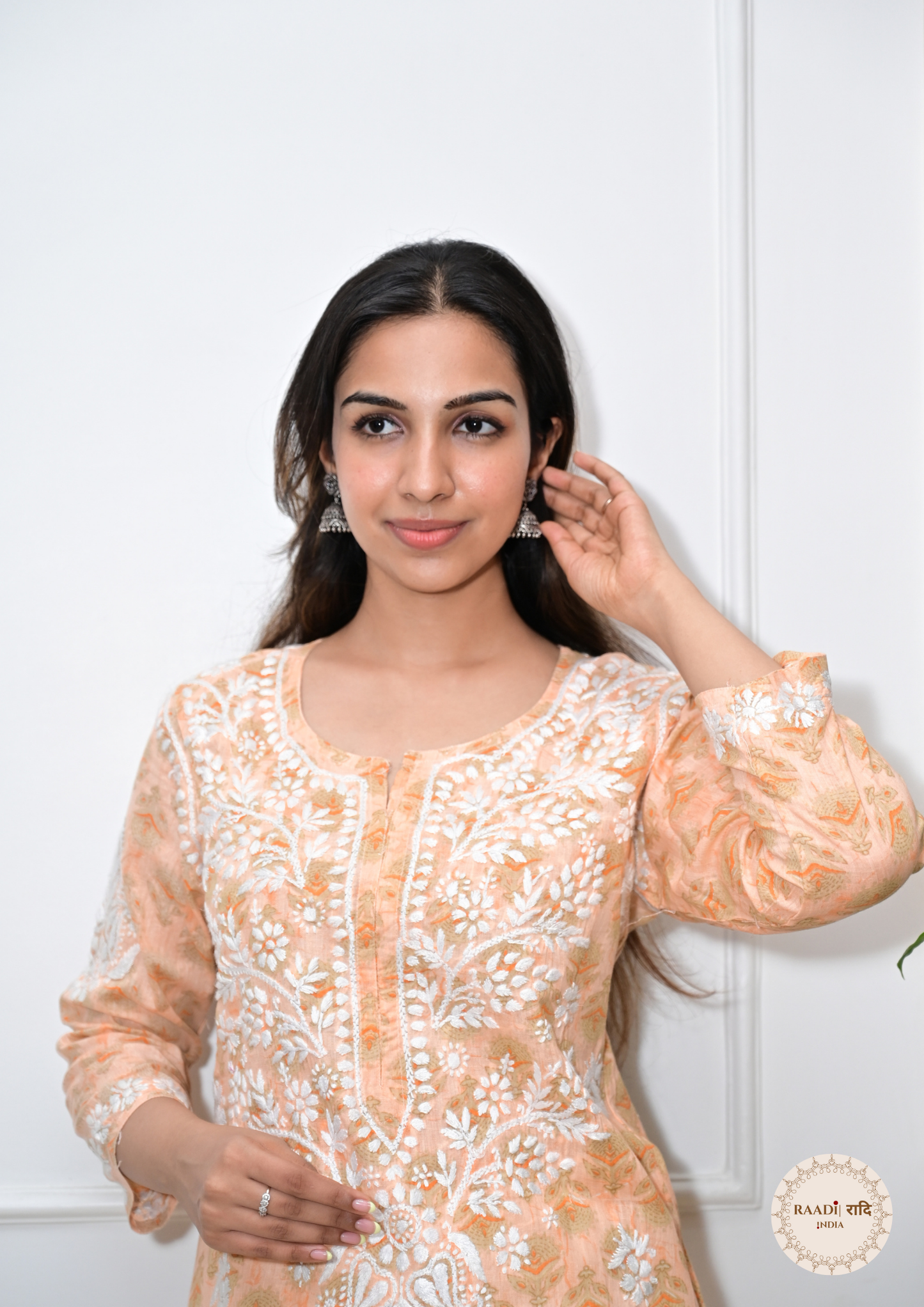 Printed Cotton Chikankari Kurti from Lucknow-Apricot
