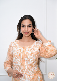 Printed Cotton Chikankari Kurti from Lucknow-Apricot