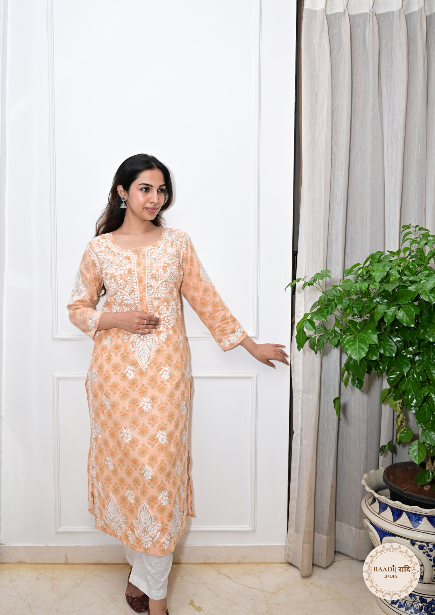Printed Cotton Chikankari Kurti from Lucknow-Apricot