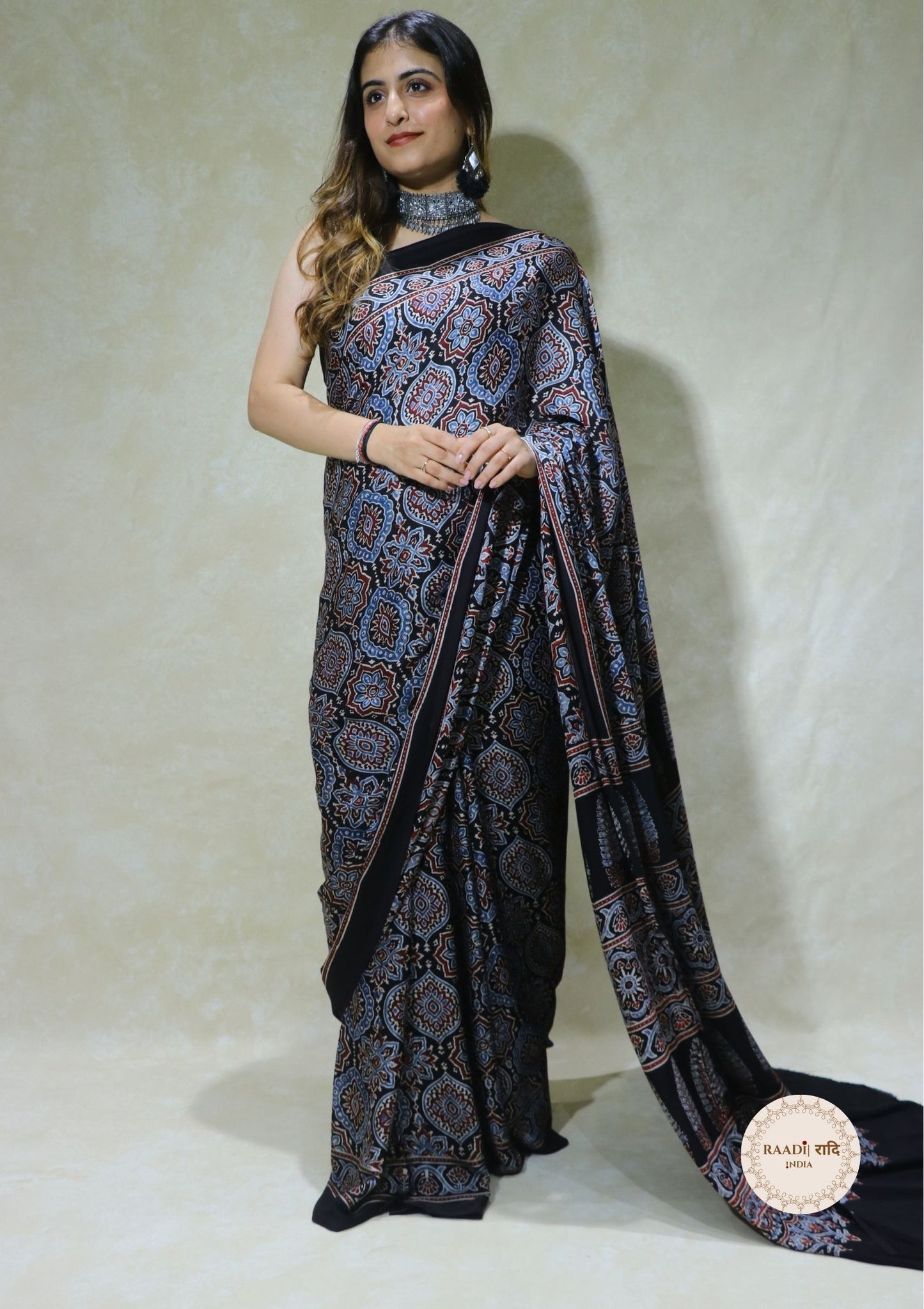 Ajrakh Modal Silk Saree from Kutch – Handcrafted with Natural Dyes