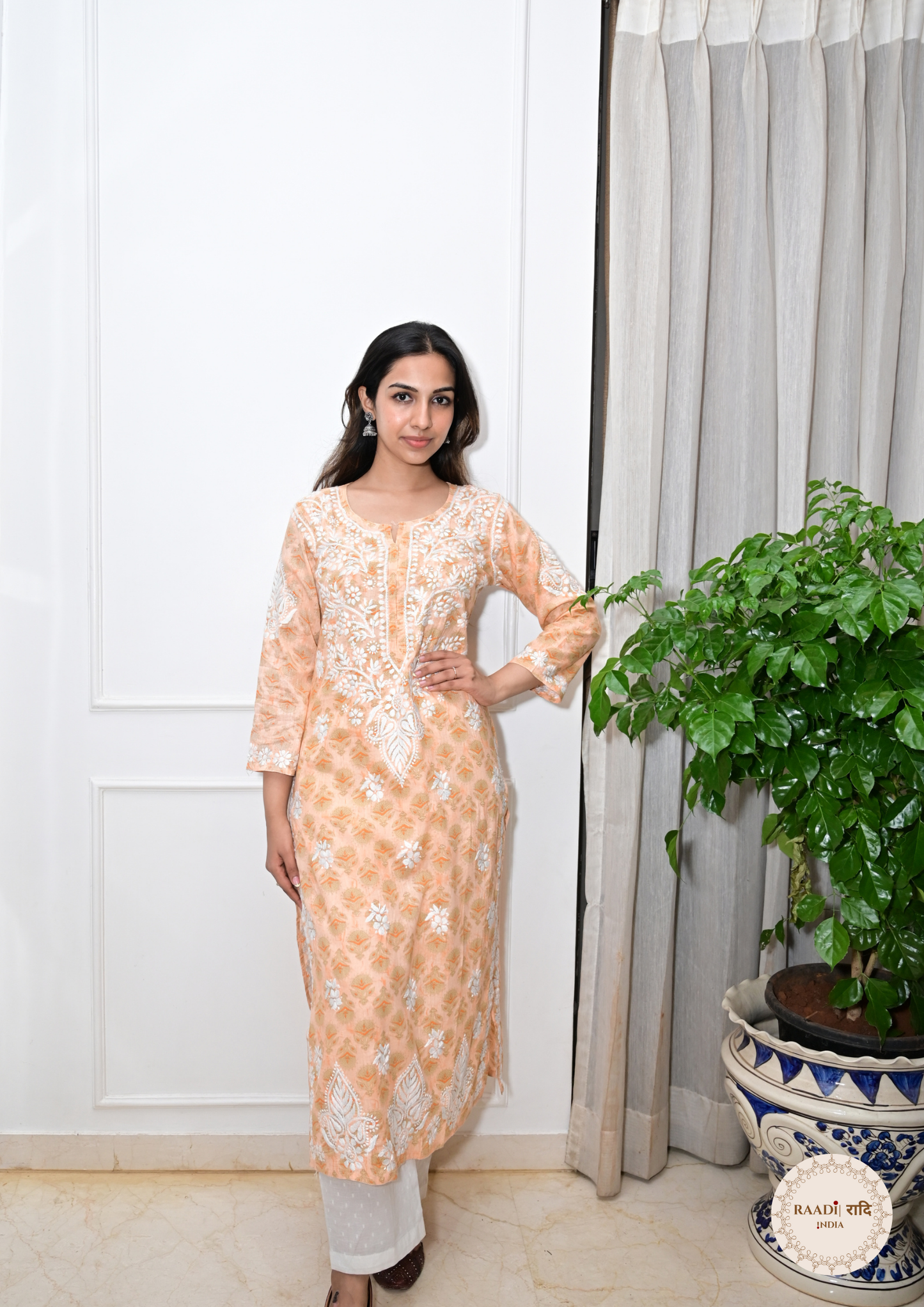 Printed Cotton Chikankari Kurti from Lucknow-Apricot