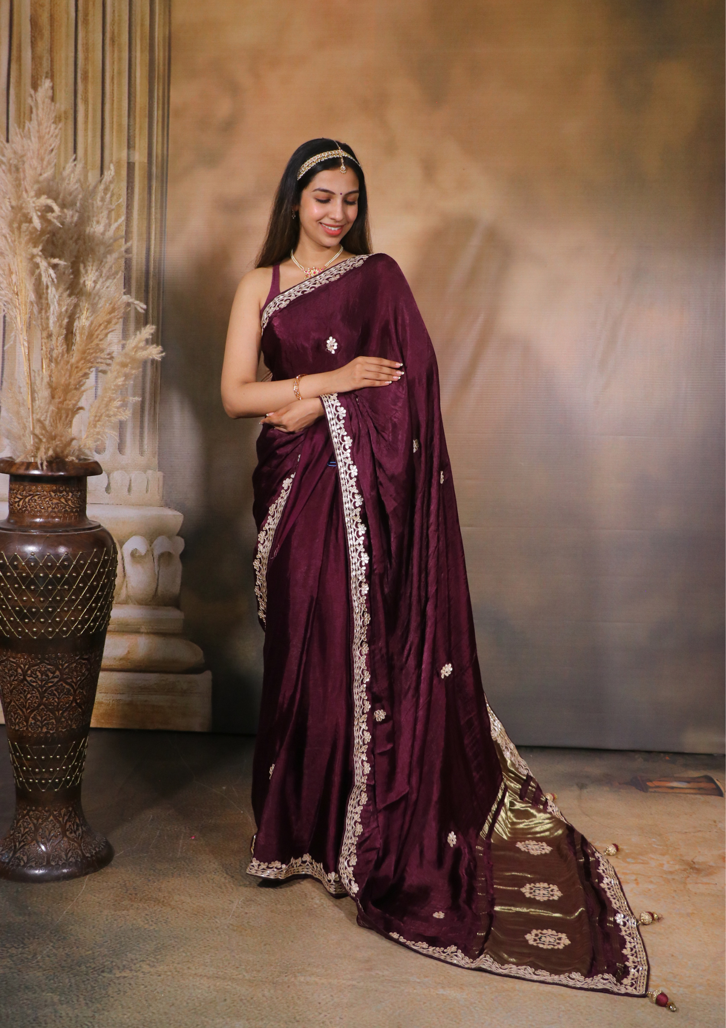 Modal Gajji Silk Gota Patti Saree- Maroon