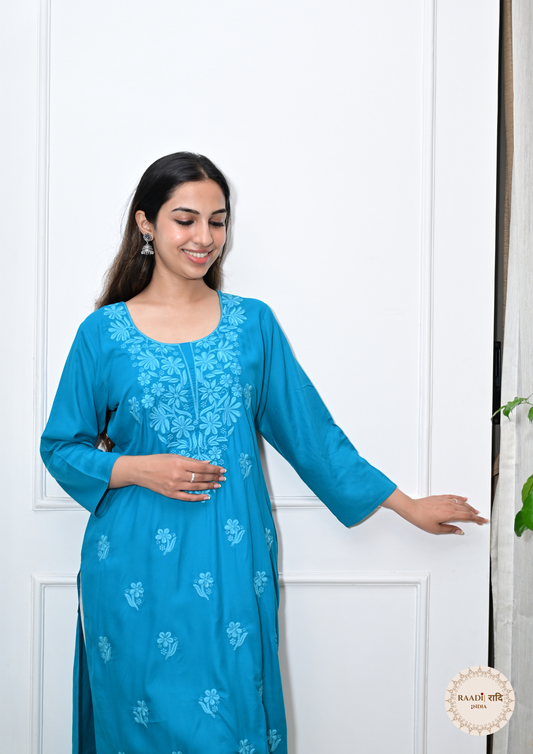 Rayon Chikankari Kurti from Lucknow-Blue