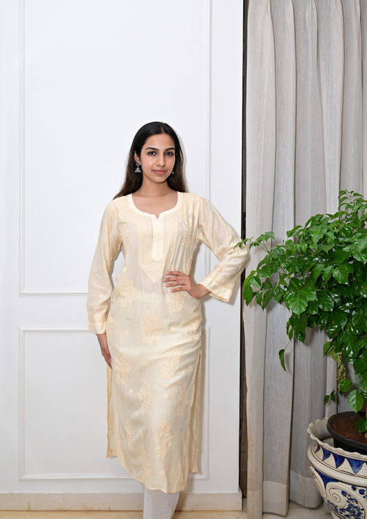 Muslin Lucknowi Kurta With Intricate Thread Work- Beige