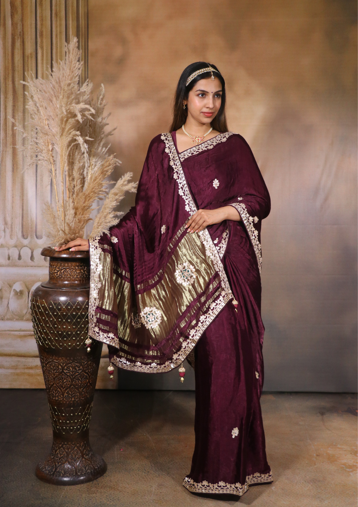 Modal Gajji Silk Gota Patti Saree- Maroon