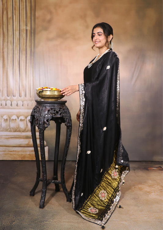 Modal Gajji Silk Gota Patti Saree-Black