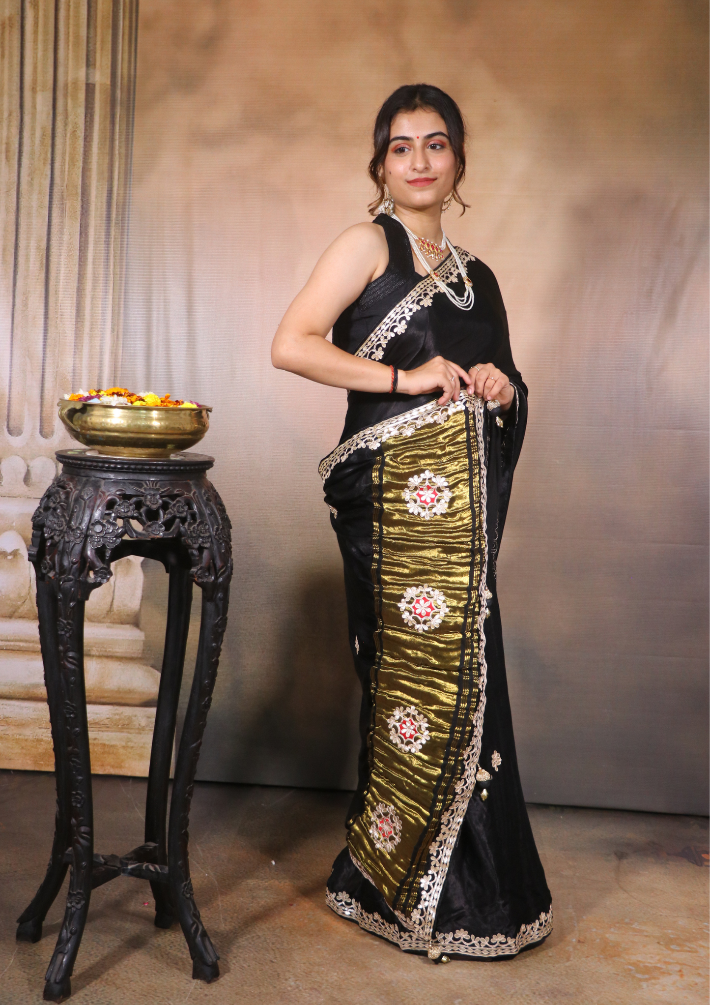 Modal Gajji Silk Gota Patti Saree-Black