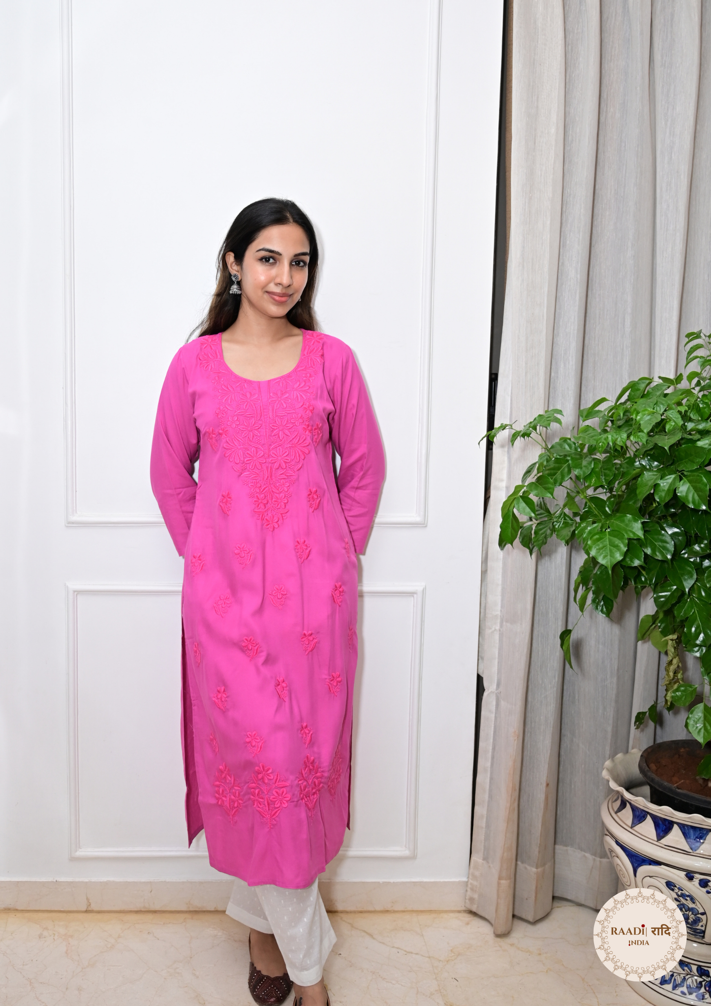 Rayon Chikankari Kurti from Lucknow-Pink