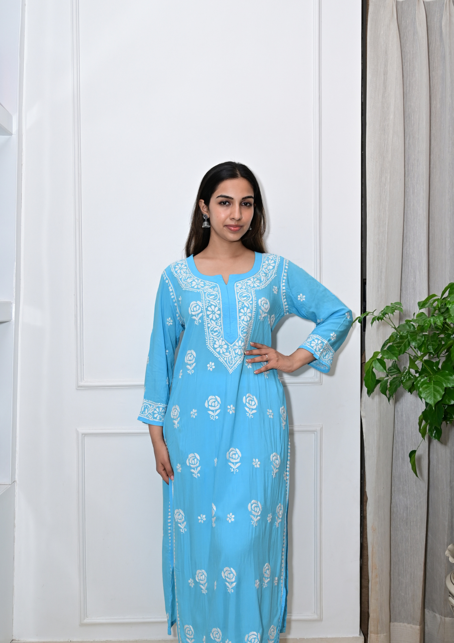 Modal Kurti With Roses Handcrafted All-Over From Lucknow-Sky Blue