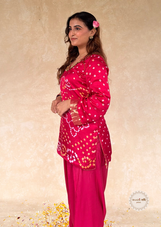Rani Pink Gajji Silk Handcrafted Bandhani Farshi Salwar Set