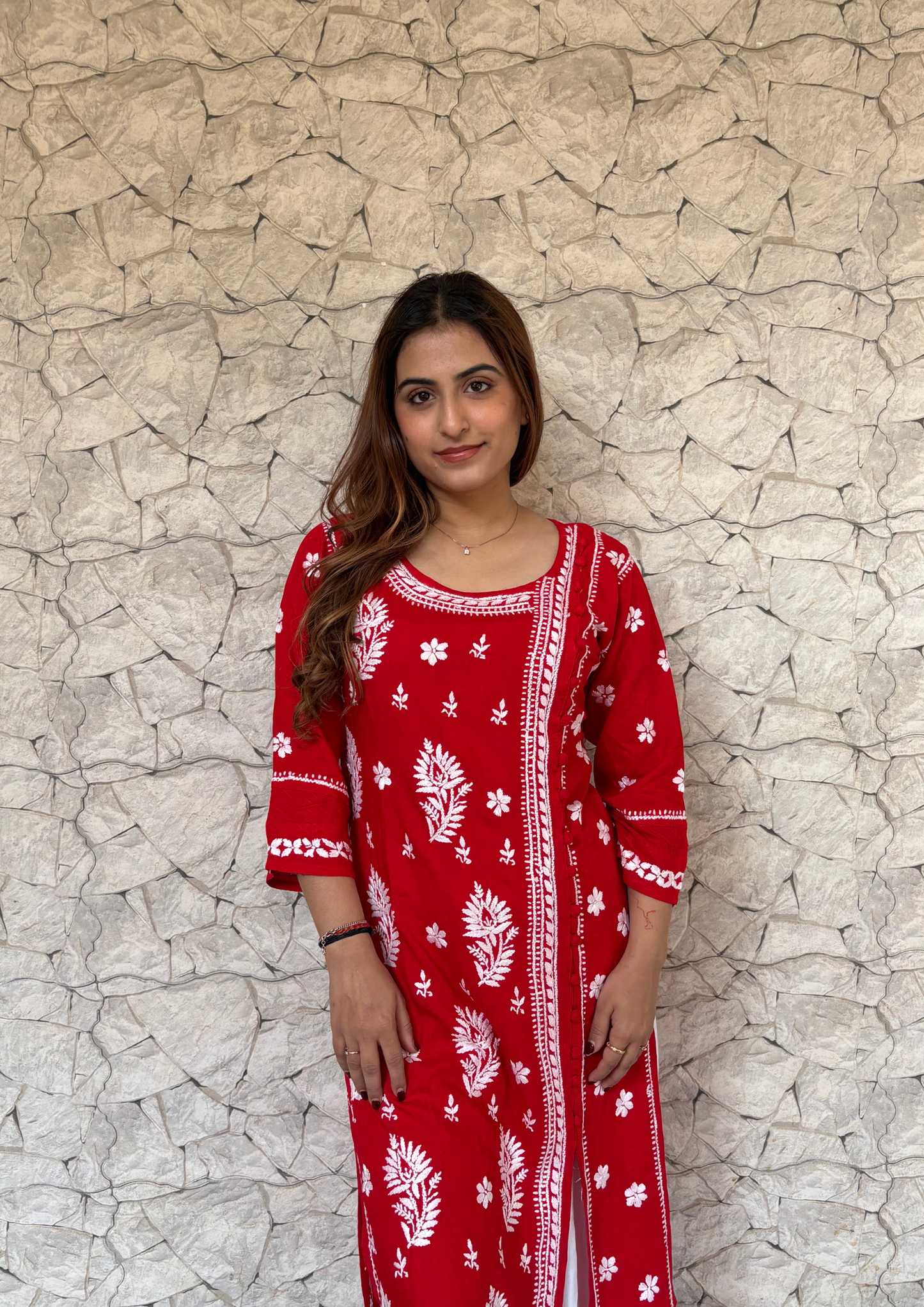 Modal Angrakha Style Kurti With One Side Slit- Red