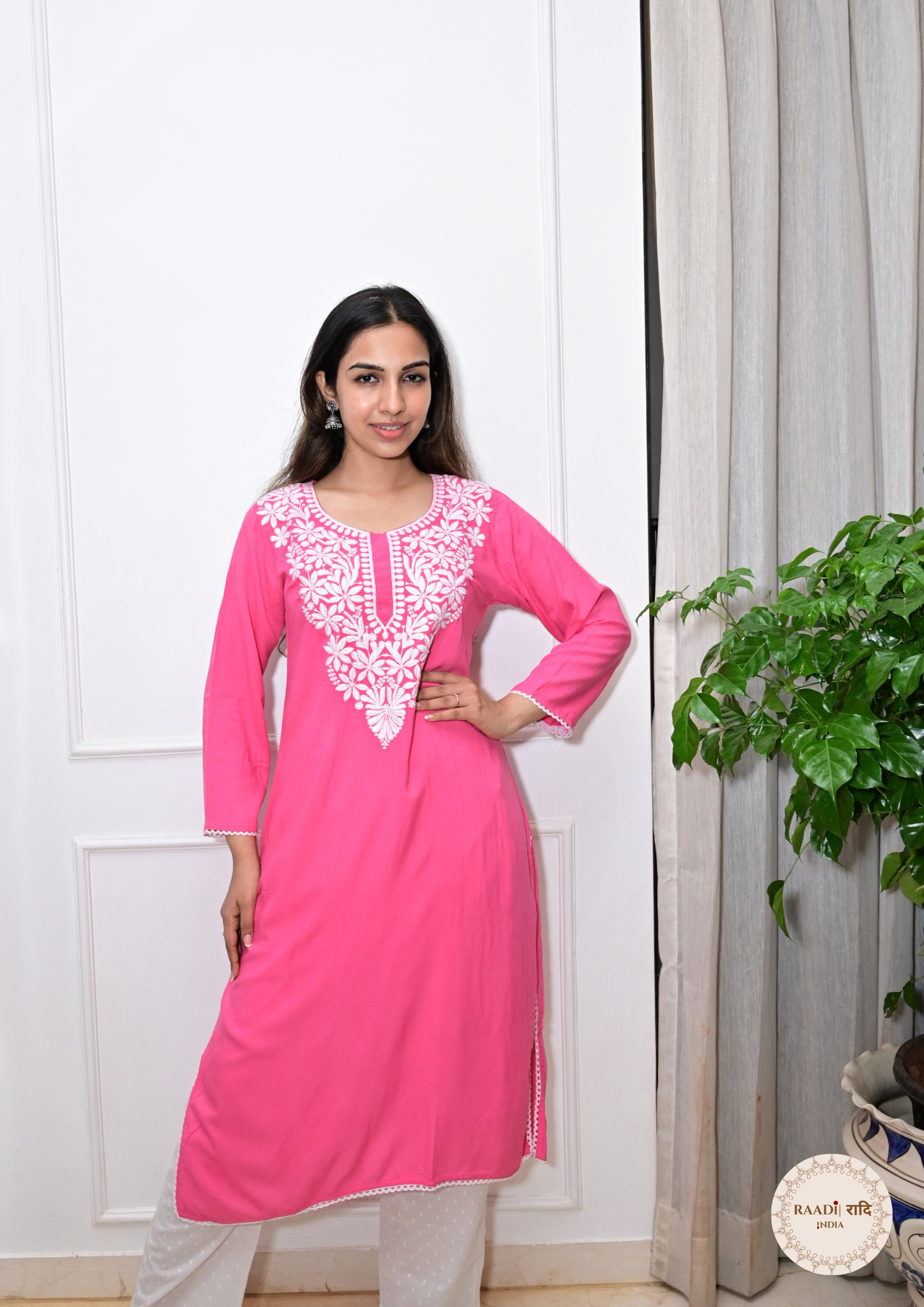 Rayon Chikankari Kurti from Lucknow-Pink
