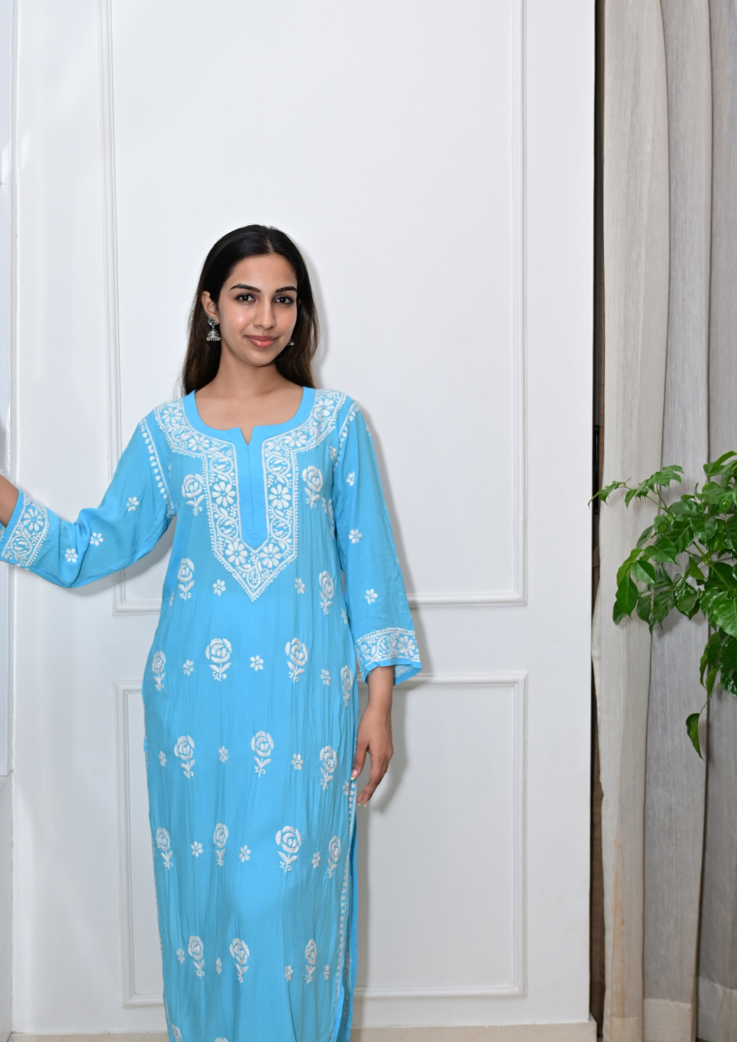 Modal Kurti With Roses Handcrafted All-Over From Lucknow-Sky Blue