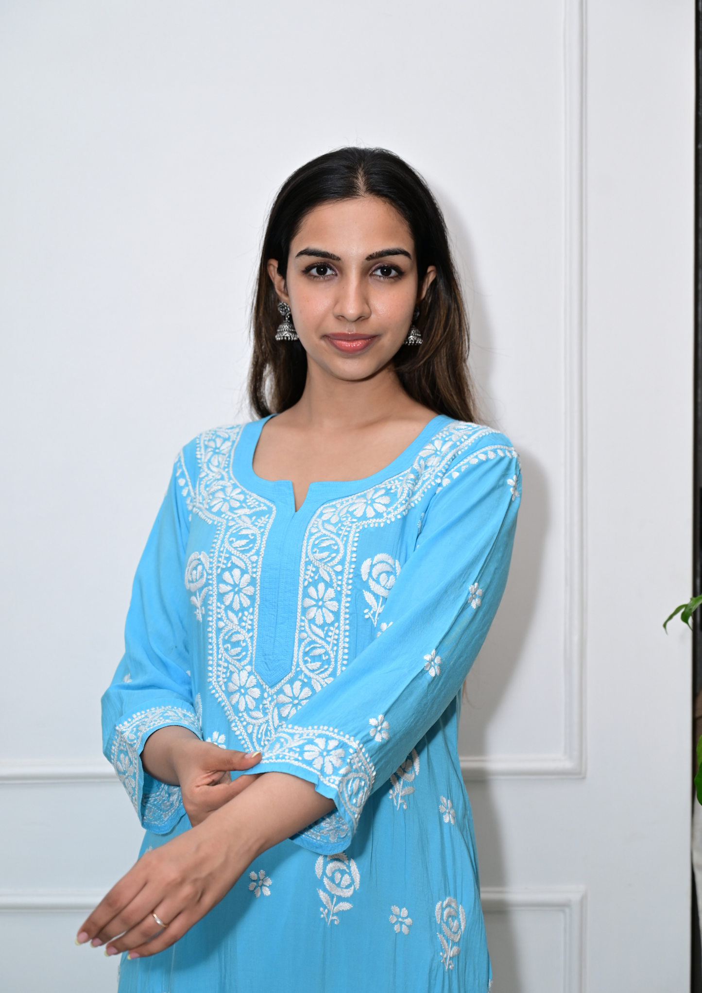 Modal Kurti With Roses Handcrafted All-Over From Lucknow-Sky Blue