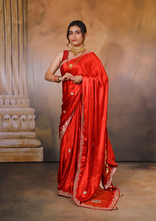 Modal Gajji Silk Gota Patti Saree-Red
