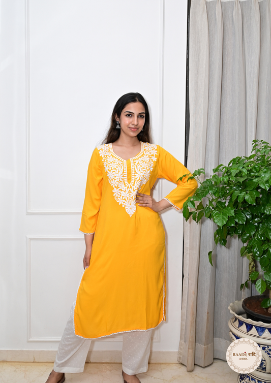 Rayon Chikankari Kurti from Lucknow-Yellow