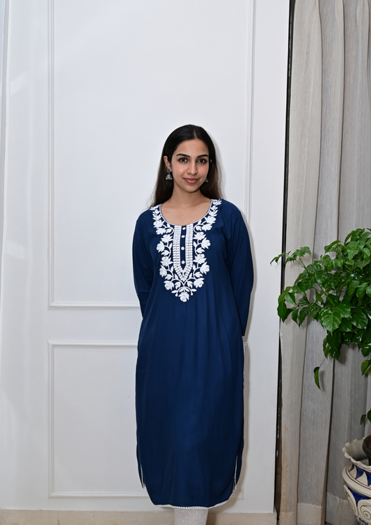 Rayon Chikankari Kurti from Lucknow- Blue